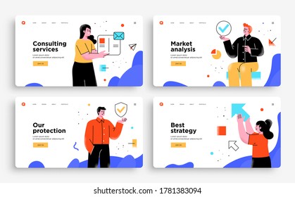 Set of Presentation slide templates or landing page websites design. Business concept illustrations. Modern flat outline style.