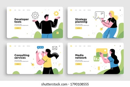 Set of Presentation slide templates or landing page websites design. Business concept illustrations. Modern flat outline style.