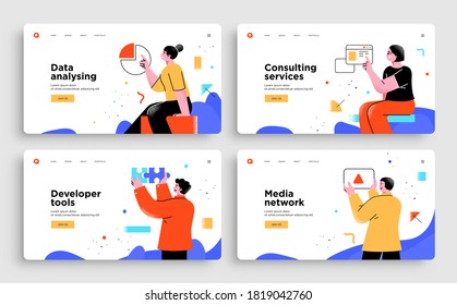 Set of Presentation slide templates or landing page websites design. Business concept illustrations. Modern flat outline style.