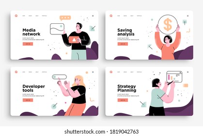 Set of Presentation slide templates or landing page websites design. Business concept illustrations. Modern flat outline style.