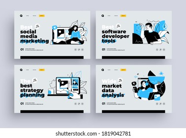 Set of Presentation slide templates or landing page websites design. Business concept illustrations. Modern flat outline style.