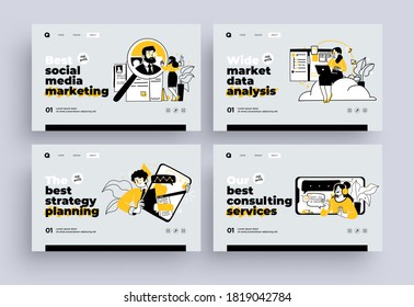 Set of Presentation slide templates or landing page websites design. Business concept illustrations. Modern flat outline style.