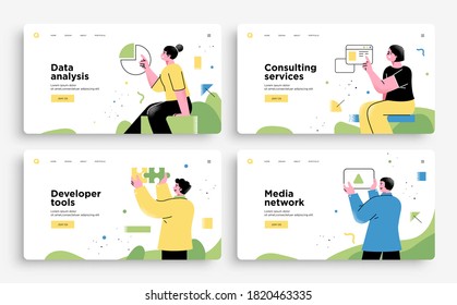 Set of Presentation slide templates or landing page websites design. Business concept illustrations. Modern flat outline style.