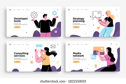 Set of Presentation slide templates or landing page websites design. Business concept illustrations. Modern flat outline style.