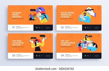 Set of Presentation slide templates or landing page websites design. Business concept illustrations. Modern flat style. Vector