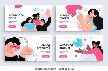 Set of Presentation slide templates or landing page websites design. Business concept illustrations. Modern flat style. Vector