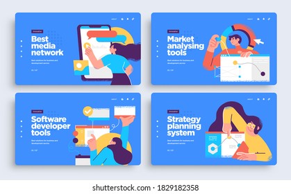 Set of Presentation slide templates or landing page websites design. Business concept illustrations. Modern flat style. Vector