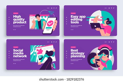 Set of Presentation slide templates or landing page websites design. Business concept illustrations. Modern flat style. Vector