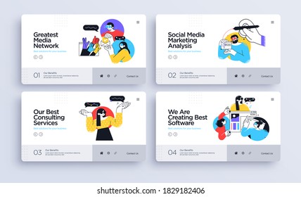 Set of Presentation slide templates or landing page websites design. Business concept illustrations. Modern flat style. Vector
