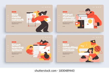 Set of Presentation slide templates or landing page websites design. Business concept illustrations. Modern flat style. Vector