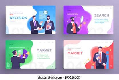 Set of Presentation slide templates or landing page websites design. Business concept illustrations. Modern flat style. Vector illustration