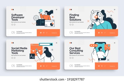 Set of Presentation slide templates or landing page websites design. Business concept illustrations. Modern flat style. Vector illustration