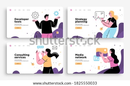Set of Presentation slide templates or landing page websites design. Business concept illustrations. Modern flat outline style.