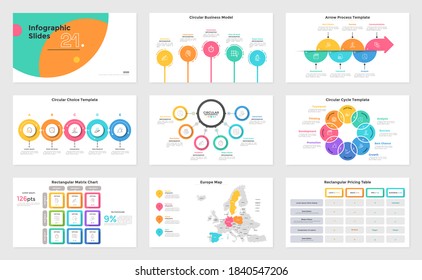 Set of presentation slides - matrix chart, pricing table, process and cycle, map of Europe. Modern infographic design templates. Minimal flat vector illustration for business statistics.