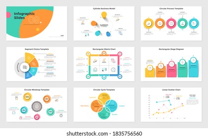 Set of presentation slides or pages - process diagrams, line graph, cycle and matrix graphs. Modern infographic design templates. Simple flat vector illustration for business information visualization