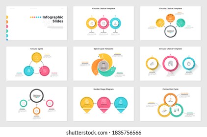 Set of presentation slides or pages - process diagrams, spiral graph, cycle chart. Modern infographic design templates. Simple flat vector illustration for business information visualization.