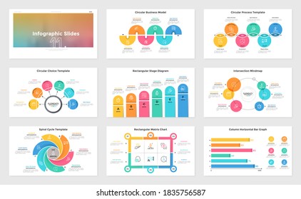 Set of presentation slides or pages - process diagrams, bar graph, cycle chart, mind map. Modern infographic design templates. Simple flat vector illustration for business information visualization.