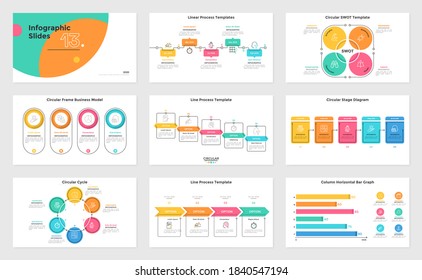 Set of presentation slides or pages - process diagrams, bar graph, cycle chart, swot. Modern infographic design templates. Simple flat vector illustration for business information visualization.