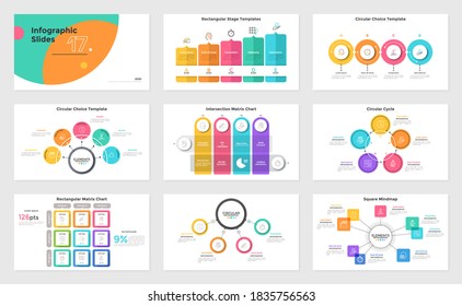 Set of presentation slides or pages - stage diagram, cycle and matrix charts, mind map. Modern infographic design templates. Simple flat vector illustration for business information visualization.