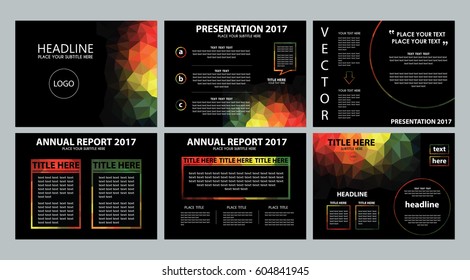 Set of presentation template vectors. Marketing seminar slides in dark background. Abstract geometric low poly origami design covers. 