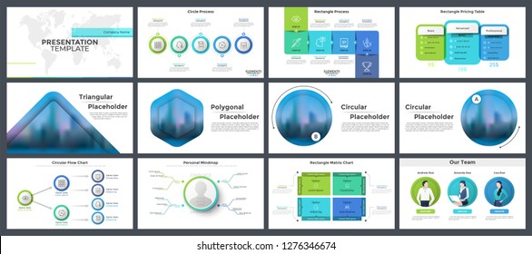 Set of presentation templates, page or slide layout design with infographic elements for business project stages visualization, corporate report. Vector illustration in realistic and flat style.