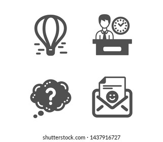 Set of Presentation time, Air balloon and Question mark icons. Smile sign. Report, Flight travel, Quiz chat. Positive mail.  Classic design presentation time icon. Flat design. Vector