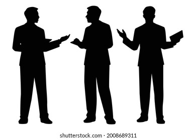 Set of presenting businessman with tablet in hand silhouette vector on white background