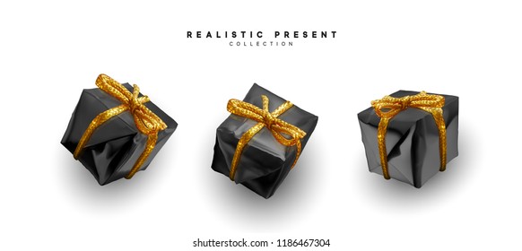 Set presents. Black gift boxes realistic design. Isolated on white background