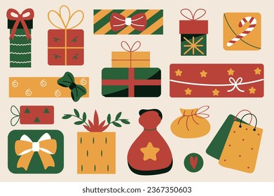 Set of presents in flat cartoon style. Christmas-themed projects feature this charming set of flat design illustrations and these sticker-style presents will add festive joy. Vector illustration.