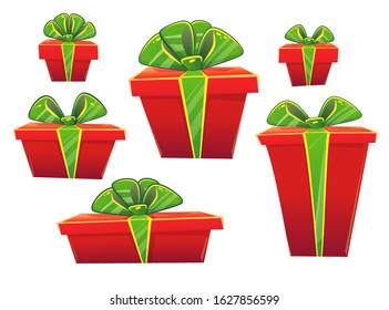 Set of presents gifts bright red gift box with bows and green ribbons different size . vector illustration isolated on white cartoon style