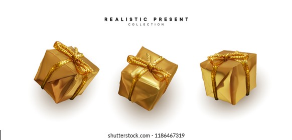 Set presents. Golden gift boxes realistic design. Isolated on white background