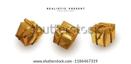 Set presents. Golden gift boxes realistic design. Isolated on white background