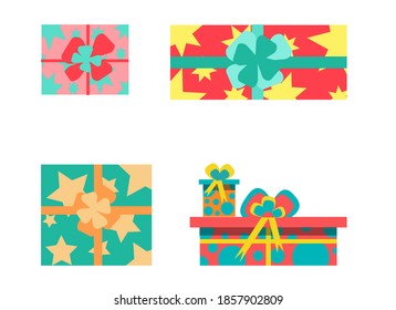 Set of presents isolated on a white background. Cute collection of cartoon gift boxes for Birthday, Christmas or Valentine's day. vector gift box icon. 
