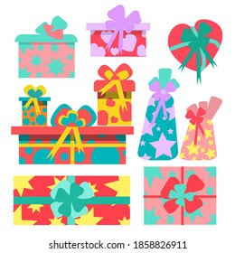 Set of presents isolated on a white background. Cute collection of cartoon gift boxes for Birthday, Christmas or Valentine's day. vector gift box icon. 