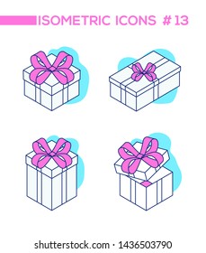 Set of presents - line design style isometric objects isolated on white background. High quality collection of blue, pink elements, closed, open gifts, boxes with ribbons. Party, celebration concept