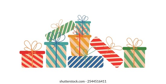 Set of presents. Pile of gifts. Various sized holiday wrapped gift boxes with bows. Stack of presents isolated on transparent background.