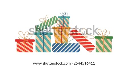 Set of presents. Pile of gifts. Various sized holiday wrapped gift boxes with bows. Stack of presents isolated on transparent background.