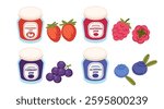 Set of preserved berry jams. Preserved sweet dessert. Glass jar with fresh berries. Packaging with colorful labels. Vector illustration illustration isolated on white background, isometric view.