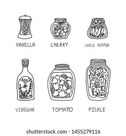 Set of preserved food in glass jars. Canned vegetables vector illustration. Doodle style homemade veggies, black and white, good for tag/card