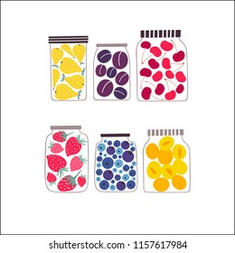 Set with preserved fruits and berries in containers set. Vector glass jars with apricots; plums; pears; blueberry; cherry and strawberry