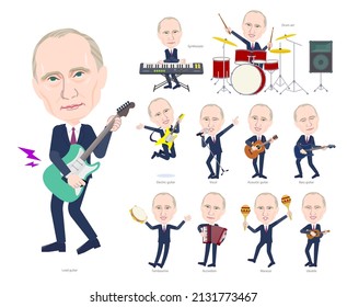 A set of President Putin playing rock 'n' roll and pop music.It's vector art so easy to edit.