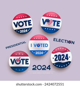 Set of Presidential election 2024 , red, blue vote vector button. Collection of Vote, badges in American style, color and design. Badge isolated on white background. Vector illustration.