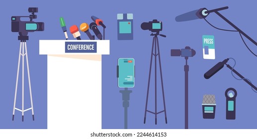 Set Press Conference Studio Equipment and Appliances. Tribune, Microphones, Smartphone on Holder and Cameras Isolated on Blue Background. Professional Media Industry Tools. Cartoon Vector Illustration