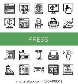 Set of press icons such as Article, Cmyk, Interactive, Fingerprint, Barista, Printer, Touchscreen, Iron, Newspaper, Slide, Keyboard, Abdominal bench, Tea bag, Fingerprint scan , press