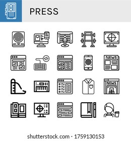 Conjunto de iconos de prensa. Como Dictaphone, Huella digital, Elegir, Interactivo, Prensa de banco, Cmyk, Artículo, Teclado, Periódico, Diapositiva, Plano, Noticias, Catálogo, Diario, iconos de prensa