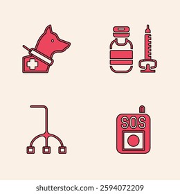 Set Press the SOS button, Guide dog, Syringe and Walking stick cane icon. Vector
