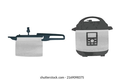 Set Of Pressure Cooker Watercolor Style Vector Illustration Isolated On White Background. Modern Electric Pressure Cooker And High Pressure Aluminum Cooking Pot Clipart. Kitchen Appliances For Cooking