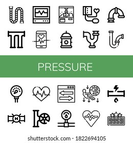 Conjunto de iconos de presión. Tales como Pipe, Icu, Frecuencia cardíaca, Clamp, Hidrante, Presión sanguínea, Tuberías, Presión, Latido cardíaco, Válvula, Enlace web, Gravidad, Tubo roto, Puntuación alta, iconos