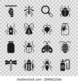 Set Pressure sprayer, Larva insect, Spider jar, Magnifying glass, Clothes moth, Beetle bug, Butterfly cocoon and  icon. Vector