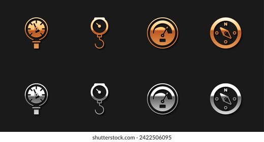 Set Pressure water meter, Hand scale spring mechanical, Speedometer and Compass icon. Vector